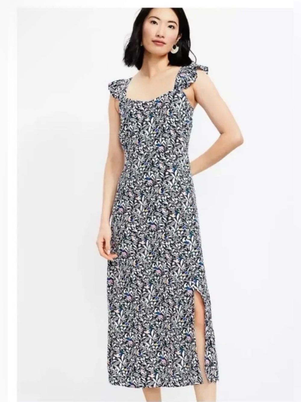 🌺 LOFT Blue&White Bird Ruffle Strap Maxi Dress